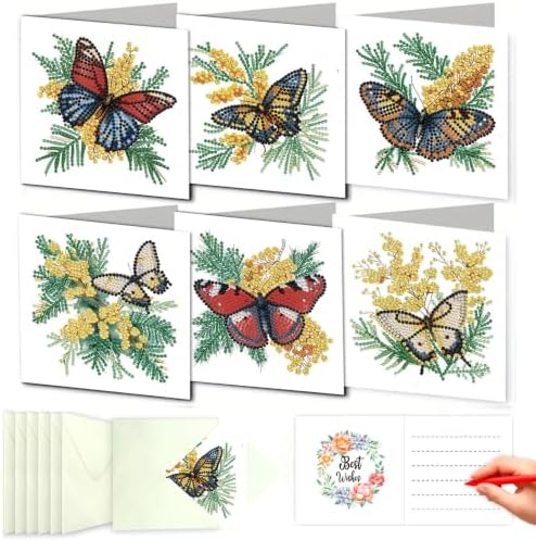 LSQFS 6Pcs Butterfly Flower Diamond Painting Greeting Cards Kits,5.9*5.9in