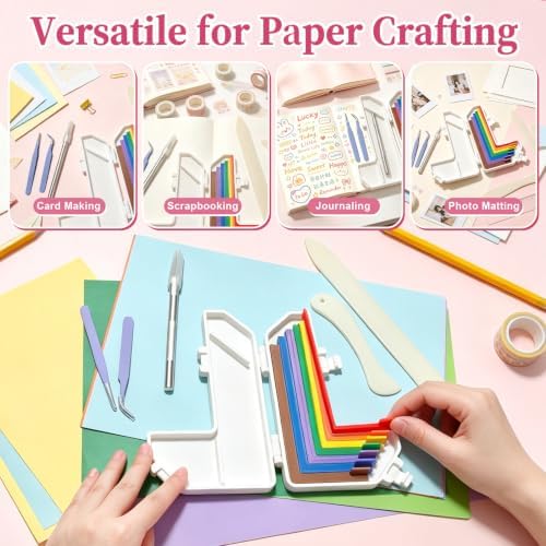FOWSRHRG Paper Crafting Alignment Guide Set, 7 Pcs Paper Crafting Alignment Guides with Case Tweezer Craft Knife, Color-Coded Tools, Precision Layering Matting Spacers for Scrapbooking DIY Crafts