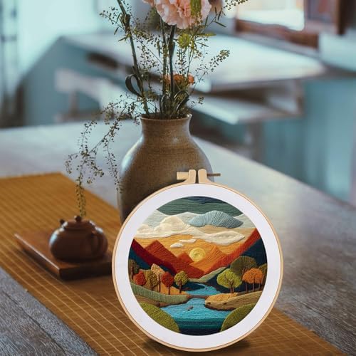 FONNUY Embroidery Kit for Beginners, Brightly Colored Landscape Lake Pre-Stamped Pattern Kits for Adults with Hoop, Easy to Follow Color Thread Needlework, 8'' Hoop (SkyBlue)