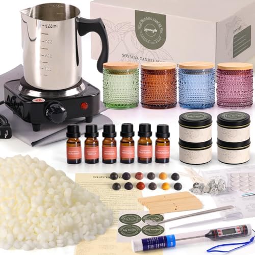 LAMORGIFT Soy Candle Making Kit with Wax Melter for Adults- Natural Soy Wax with Candle Making Supplies, 4 Jars& 4 Tins, Wax Melting Pot and More, Colored Scented Candle DIY Kit for Christmas Gift Set