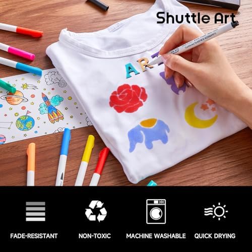 Shuttle Art 28 Colors Fabric Markers, Permanent Markers for T-Shirts Clothes Sneakers Jeans with 11 Stencils 1 Sheet, Shirt Pens for Adult DIY Painting Writing