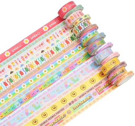 Cute Cartoon Washi Tape Set 16 Rolls Bright Colors Kawaii Masking Graphic Decorative Tapes for Arts, DIY Crafts, Journals, Planners, Scrapbook, Wrapping