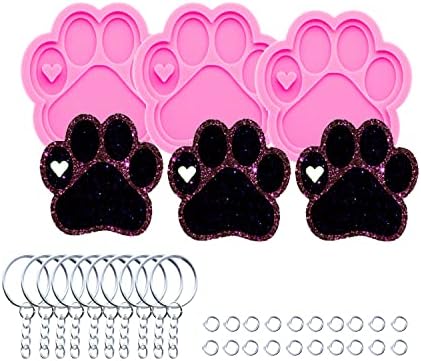 3pc Shiny Paw with Heart Resin Silicone Mold, Dog Paw Print Keychain Mould Crafts Epoxy Resin with 10PC Key Ring(DY0292+DY0292+DY0292)