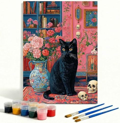 Amphol Paint by Numbers Kit for Adults - Mystic Black Cat Paint by Numbers Kit for Beginners, 16”x20” DIY Oil Painting Kit on Unframed Canvas for Home Wall Decor, Stress Relief with Acrylic Paint Set