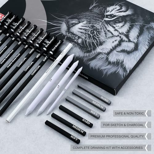 33 Piece Sketching Pencil Set - 5H to 14B Pencils, Charcoal Pencils, Charcoal Sticks,Graphite Sticks,Painting tools – drawing pencil set for Beginners, Artists, Students, Kids