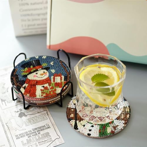 8 Pcs Christmas Diamond Art Coasters Kits, Snowmen Cork Wooden Pad Diamond Painting Coasters with Holder, 5D DIY Full Drill Gem Art Craft Supplies for Adults Beginners Home Decor