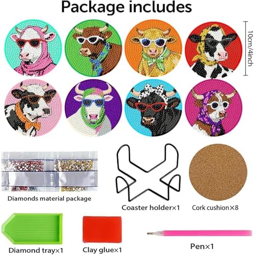 8 Pcs Cow Diamond Painting Coasters Kits for Adults,Cow Wearing Glasses Diamond Art Coasters with Non-Slip Cork Pads,DIY Round Drill Rhinestone Drink Coaster Art Craft for Home Decor Gifts 4x4 Inch.