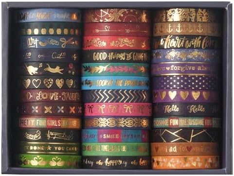 36 Rolls Skinny Washi Tape Set Gold Foil Detailing Arts Adhesive Tapes Basic Patterns Decorative Masking Tape Sets for Craft, Kids, Scrapbook, DIY, Gift Wrapping (Bronzing Letters)