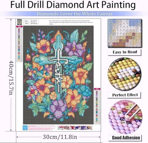 Diamond Art Kits for Adults Cross Flowers Diamond Painting Kit 12x16in