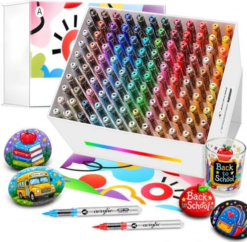 120-Color Acrylic Paint Markers - Non-Toxic, Quick-Dry Soft Acrylic Brush Markers Set for Rock Painting, Ceramic, Canvas, Wood, Glass, Fabric - Acrylic Paint Pens for Artists and Beginners