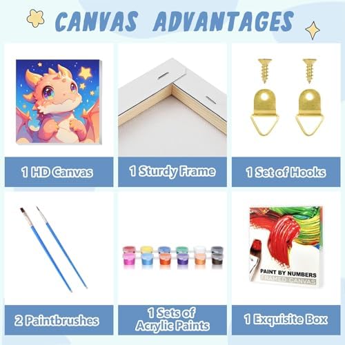 XTCIXAL Paint by Numbers Kit for Kids with Frame, Dragon, 8X8 inch