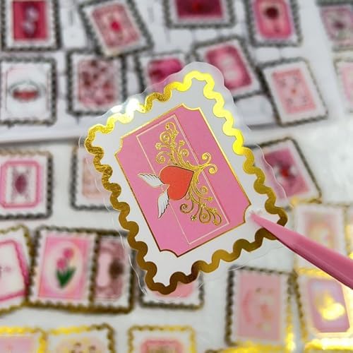 50 PCS Cartoon love stamps Stickers Aesthetic PET Stickers Gold Stamp Decal Waterproof Decorative Decals for Scrapbook DIY Crafts Album Bullet Journal Planner Water Bottles Laptop Phone (Gold stamp-B)