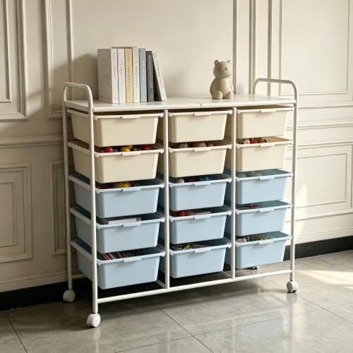 15-Drawer Rolling Storage Cart with Wheels, 2-Color Plastic Drawer Cart | Mobile Organizer Cart, Utility Storage Trolley for Office, Living Room, Craft Room, Bathroom, and Home Organization