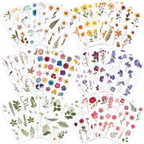 Knaid Pressed Flower Themed Stickers (Assorted 486 Pieces, 36 Sheets) Dried Floral Resin Stickers Decals Botanical Journaling Sticker for Scrapbook Supplies Junk Journal Bullet Journal Planner Laptop