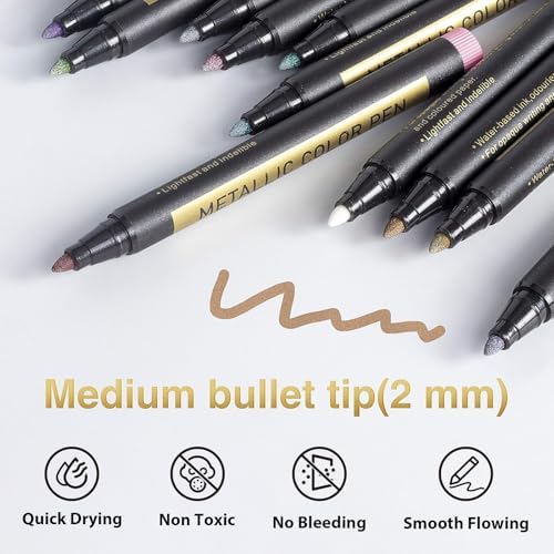 JR.WHITE Metallic Paint Markers, 20 Colors Paint Pen Craft Markers for Art, Rock Painting, Photo Albums, Scrapbooking, Black Paper, Mug, Wood, Easter Eggs, Drawing & Adult Art Supplies
