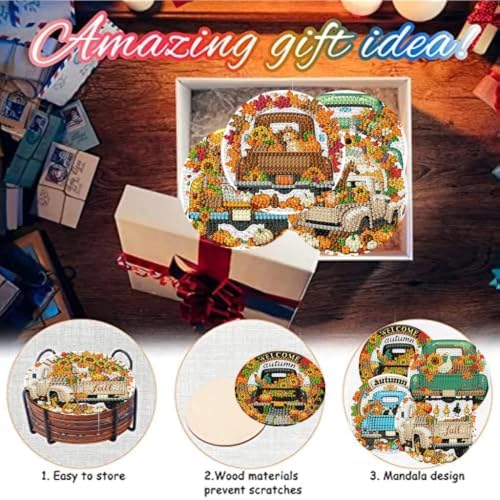 8 Pack Diamond Art Coasters,Autumn Truck Diamond Painting Coasters Kits