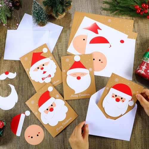 Dispowreath 24 Pcs DIY Christmas Card Making Kits with Envelopes DIY Christmas Craft Make Your Own Santa Claus Greeting Card Making Supplies for Holiday Xmas Party Decoration Favor