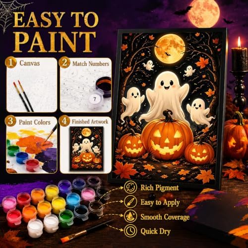 Halloween Paint by Numbers Kit for Kids 6-8-12 with Frame Easel 8x12 inch