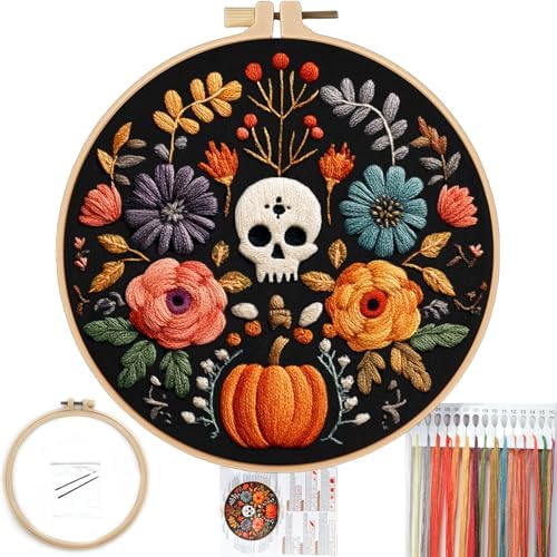 FONNUY Halloween Embroidery Kits for Beginners,Skull Pumpkin Spider Web Floral Stamped Cross Stitch Kit for Adults, Spooky Season Boho Wall Decor, 8'' Hoop (Skull 2)