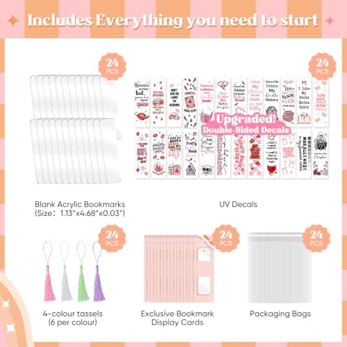 24 Set Bookmark Making Kit, Acrylic Bookmark Blanks with 24 UV DTF Stickers About Smutty Theme and 24Tassels,Blank Bookmarks UV DTF Transfers Stickers for DIY Crafts Hanging Tag Gift Bookmarks DIY