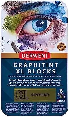 Derwent Graphitint XL Blocks 6 Tin, Set of 6, 60mm Extra-Large Block, Water-soluble, Ideal for Sketching, Drawing and Expressive Mark Making, Professional Quality (2306175)