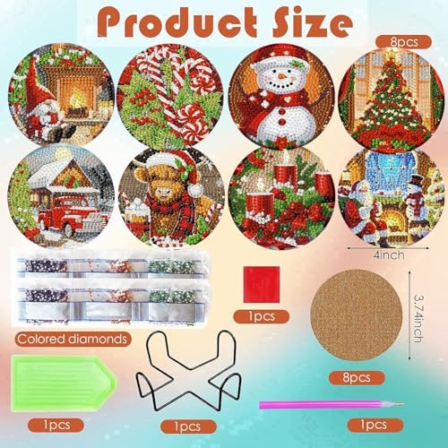 ijbnhd 8 Pack Christmas Diamond Art Coasters Kits with Holder4x4 inch