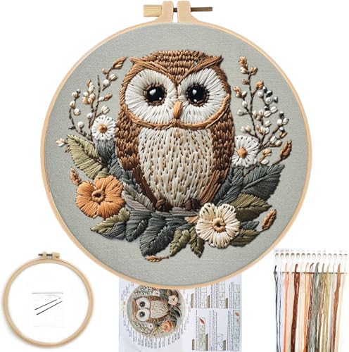FONNUY Embroidery Kit for Beginners, Owl Flowers Pre-Stamped Pattern Kits for Adults with Hoop, Easy to Follow Color Thread Needlework, 8'' Hoop (Brown)