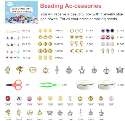 Redtwo 23000 Pcs 144 Colors Clay Beads Bracelet Making Kit | 7 Boxes Flat Polymer Heishi Bead Set with Charms for Friendship Bracelets and Jewelry Making, Gift for Girls Ages 6–12