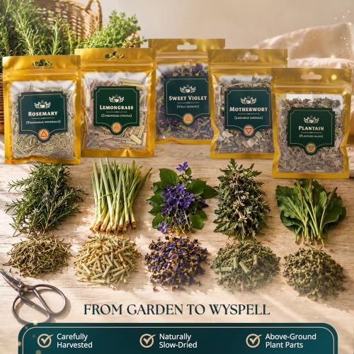 Wyspell 40 Pcs Dried Herbs and Flowers for Witchcraft, Candle & Soap Making | Premium Botanical Collection, Huge Variety, Beautiful Gift Box, Labeled Golden Bags, Bonus Parchment, Spoon & Guide