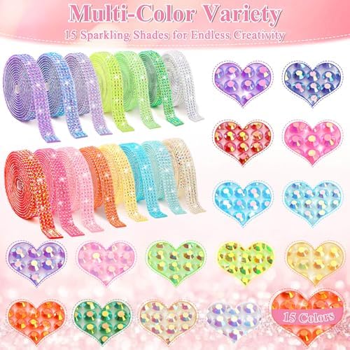 15 Yards Self Adhesive Rhinestone Strips, Rhinestone Ribbons Self Adhesive, Diamond Crystal Bedazzling Strips Glitter Bling Rhinestones Tape Stickers for Crafts, Fabric, Car, Shoes, Décor