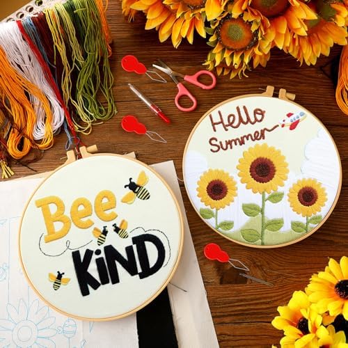 Riceshoot 8 Set Sunflower Embroidery Kits for Beginner Adults Bee Cross Stitch Kit DIY Needlepoint with Pattern Instruction, Hoop, Embroidery Fabric, Thread, Needle, Scissor, Gift for Home Decor