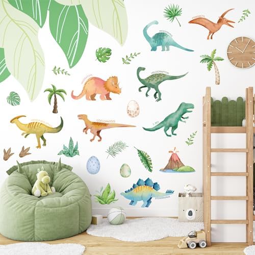 AOWDIAO Watercolor Dinosaur Wall Decals - 28 Pcs Peel and Stick Dino Decor for Boys’ Bedroom, Nursery & Classroom