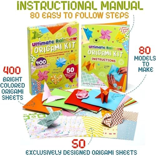 BRYTE Ultimate 450 Sheets Rainbow Origami Paper Kit Double Sided, 400 Sheets Solid Color Paper with 50 Origami Paper, Large 46 Page Illustrated Guide Book, Arts and Crafts for Kids Ages 8-12
