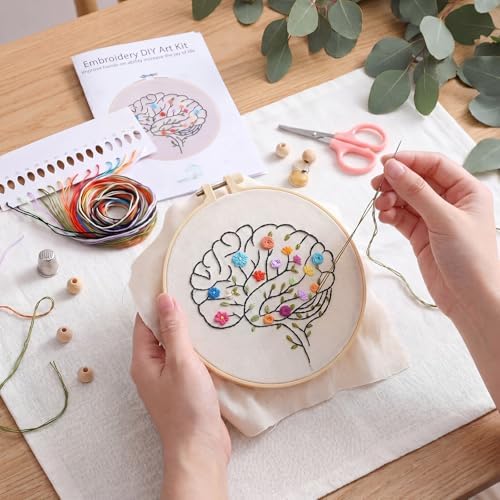 Fanfanwin 1 Set Brain Embroidery Kit for Beginner Floral Brain Cross Stitch Kits Easy Embroidery with Hoop, Needles, Threads, Instruction Threads Tools DIY Craft Art for Mental Health Mindfulness Gift