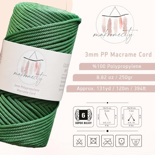Makromecity, Premium Polyester Macrame Cord 3mm x 131 Yards (394 feet) 3mm Polypropylene Benetton Grren Macrame Cord Crochet Macrame Bag Cord Crafts for Wall Hangings, Bags, Underplate