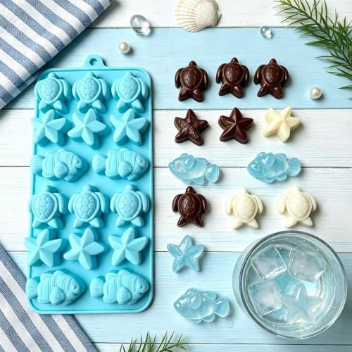 2Pack Ocean Sea Animal Silicone Mold, Sea Turtle Starfish Fish Chocolate Candy Fondant Mold, Beach Silicone Mould for Cake Decoration, DIY Soap, Resin Craft, Ocean Mermaid Theme Party