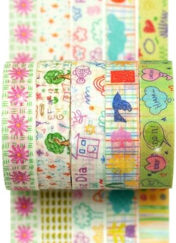 Cute Pattern Washi Tape Set 5 Rolls Glitter Cover Decorative Wide Kawaii Masking Tapes for Arts, DIY Crafts, Journals, Planners, Scrapbook, Wrapping (11 Girly Mix)