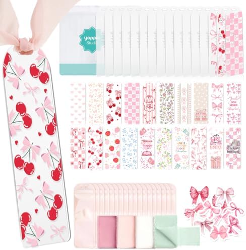 YOPPIX 6x2” Acrylic Bookmark Blanks- 20 Set Bookmark Making Kit with 20 UV DTF Stickers About Bow Theme 20 Ribbon 80 Bookish Stickers for DIY Your Crafts Gift for Book Lover