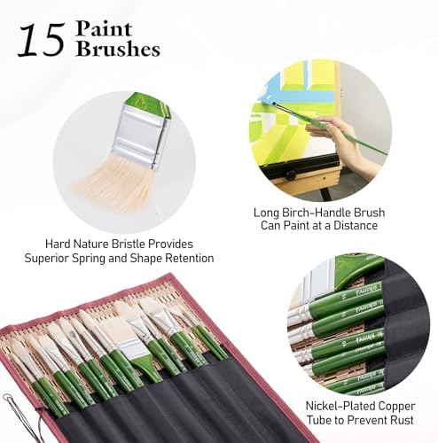 Falling in Art 15 Pcs Professional Oil Paint Brush Set, Natural Hog Bristle