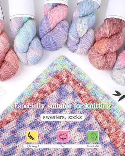 Katech Wool Yarn for Crocheting, Cashmere Yarn Hand Dyed Yarns-Purple Pink