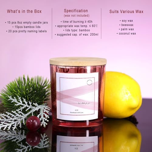 LAMORGIFT 15 Pack Empty Candle Jars With Lids (8oz, Rose Gold) - Making Containers Include 20 Pcs Labels - Mercury Glass Jars