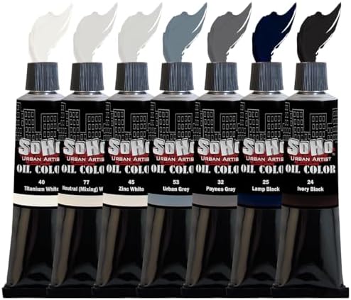 Soho Urban Artist Oil Paint Greys Set of 7-170 mL Tubes, Triple-Milled Oils with Refined Linseed - Smooth Application, True Color Mixes, Ideal for Brushes & Palette Knives