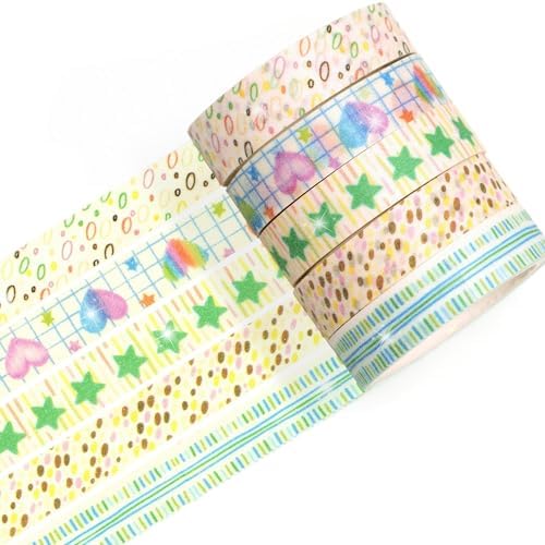 Cute Pattern Washi Tape Set 5 Rolls Glitter Cover Decorative Wide Kawaii Masking Tapes for Arts, DIY Crafts, Journals, Planners, Scrapbook, Wrapping (3 Heart Pop)