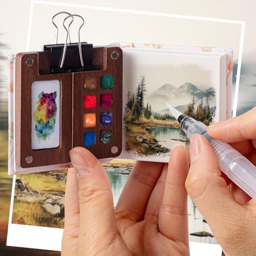 Qilery Mini Portable Watercolor Palette Set Wooden Grid Paint Box Watercolor Paper Sketch Book Brush Pens with Binder Clip for Painters Artist Not Include Paint(Rabbit)