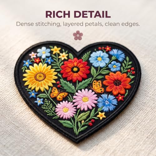 Heart Flower Patches for Clothes 3 inch - Iron On Heart Patches for Backpacks Gift, DIY Applique Accessories, Trucker Hats - Wildflower Applique Embroidery Patch
