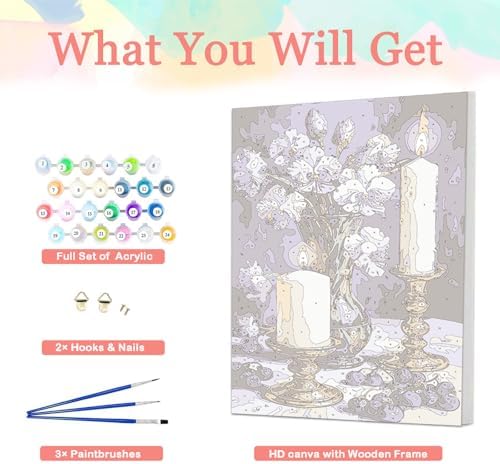 Auremi Purple Flower Framed Paint by Number for Adults,DIY Candle Painting by Number Kits on Canvas Acrylic Oil Painting Kits for Adults Paint by Number Kits for Home Decor 20x30cm