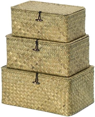Nonam Seagrass Storage Basket with Lid, Set of 3, Dark Moss Green