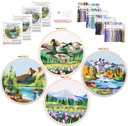 Harimau Adult Beginner Embroidery Starter Kit Natural Landscape Patterns, Complete Set with 4 Patterns, 2 Hoops, Needles, Scissors, Instruction Guide & Stitching Video Tutorials