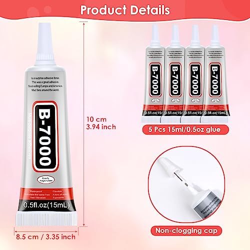 5 PCS 15 ML B7000 Super Glue, Transparent B-7000 Glue Rhinestone Gems Glue Flexible Adhesive for Crafts Jewelry Making Fabric Phone Repair Nail Art Glass Shoes Charms