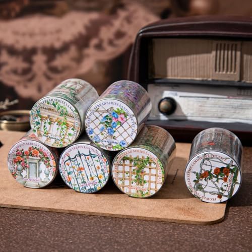 PET Tape Stickers for Journaling 6 Rolls Flower Washi Tape Stickers Decorative Tape for Crafts Scrapbooking Junk Journal Supplies, Floral Fence